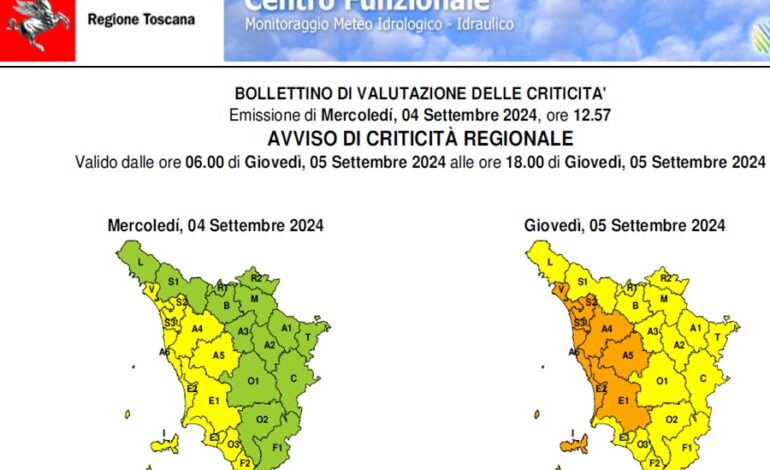 Allerta arancio per possibili forti temporali con rischio idrogeologico e idraulico del reticolo minore